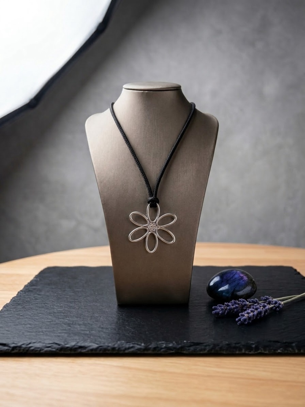 Black Cord Necklace with Silver Flower Pendant